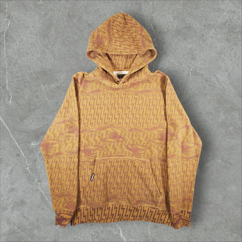 Howler Bros Jacquard Hoodie Mens Large Mustard Yellow Lightning Bolt Fish Aztec